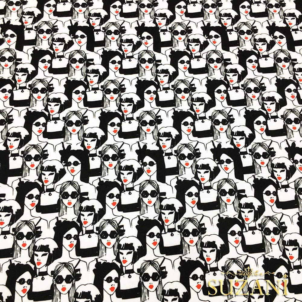 Siyah Beyaz Kadınlar Desenli Kumaş