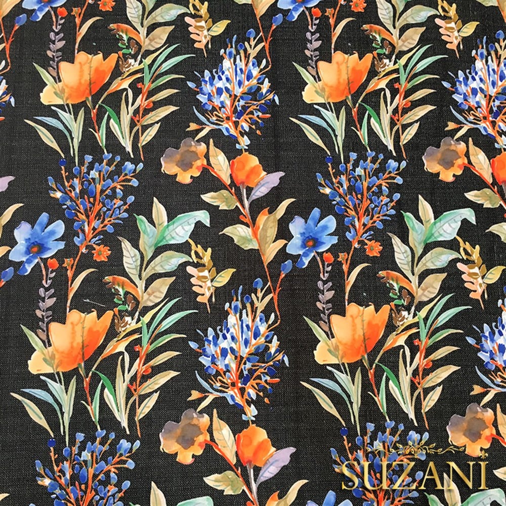 Siyah Keten Mavi Çiçek Desenli Kumaş