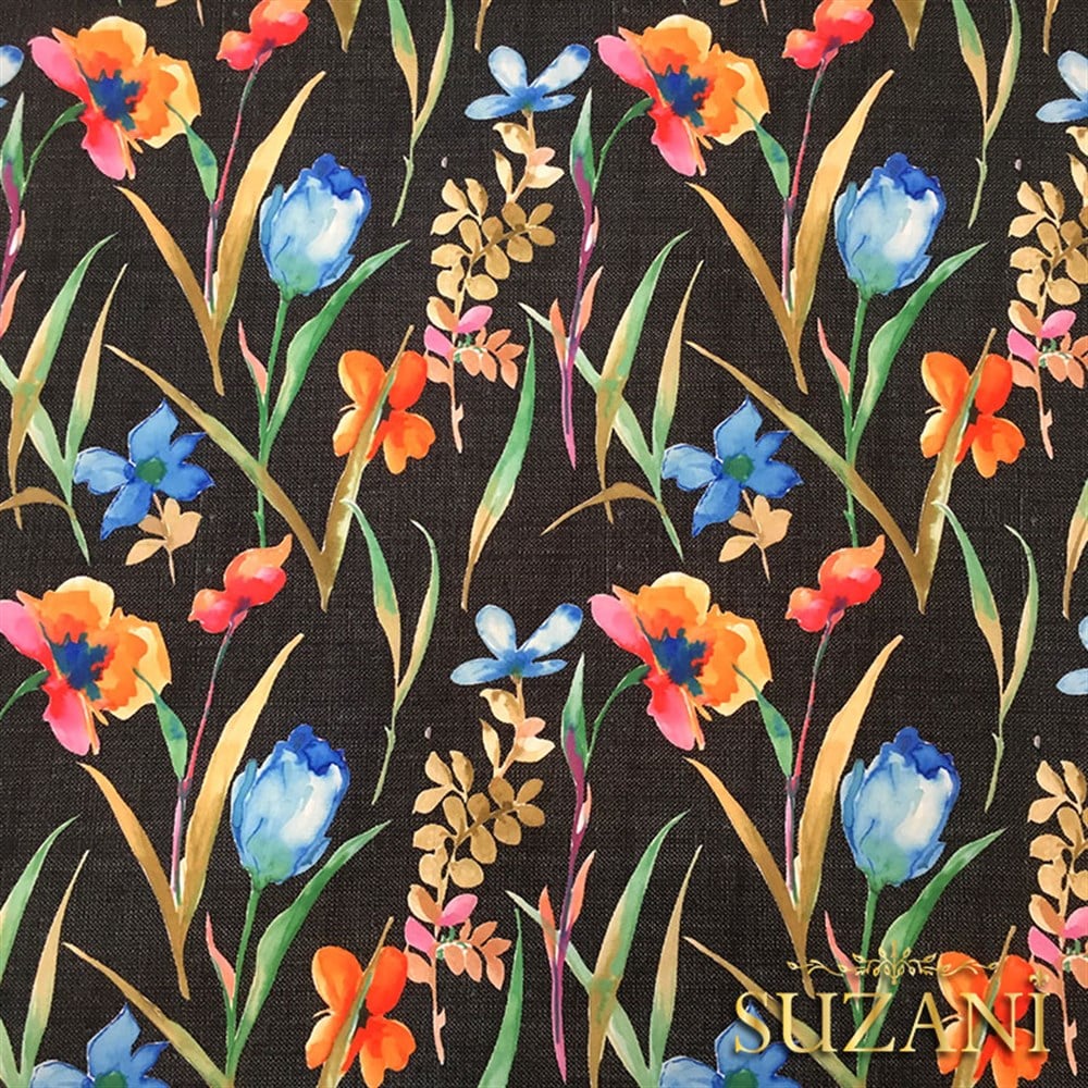 Siyah Keten Suluboya Çiçekler Desenli Kumaş