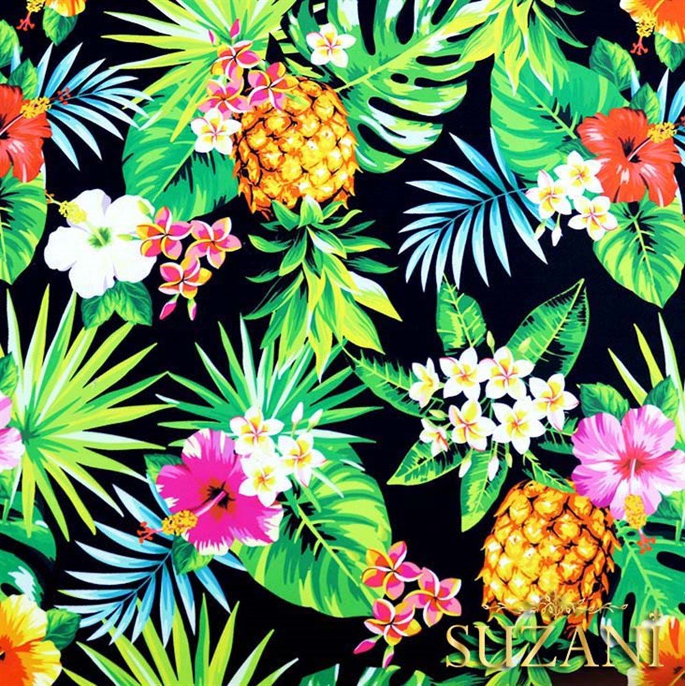 Siyah Üzeri Ananas Desenli Kumaş