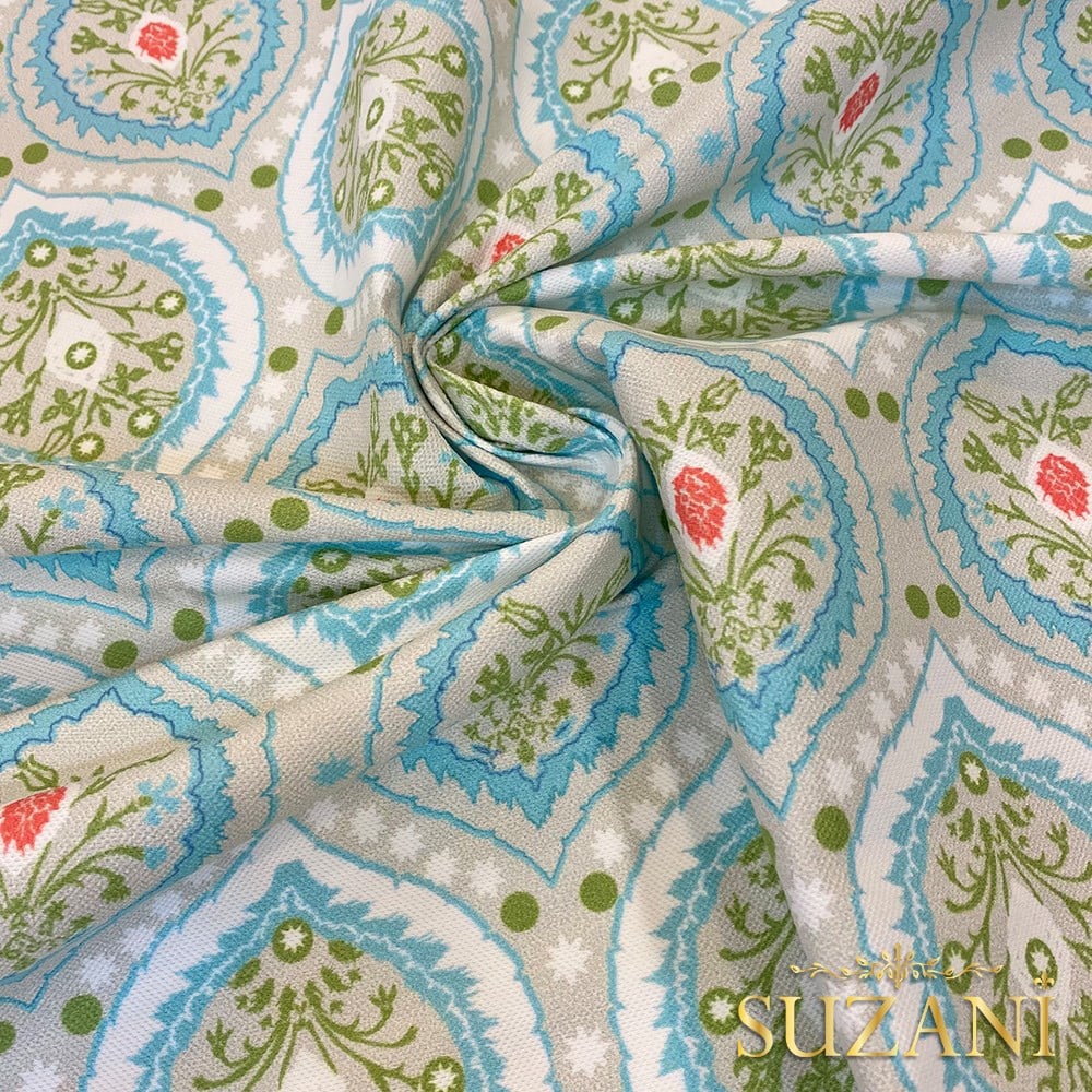 Soft Mavi Damla Damask Desenli Dijital Baskılı Kumaş