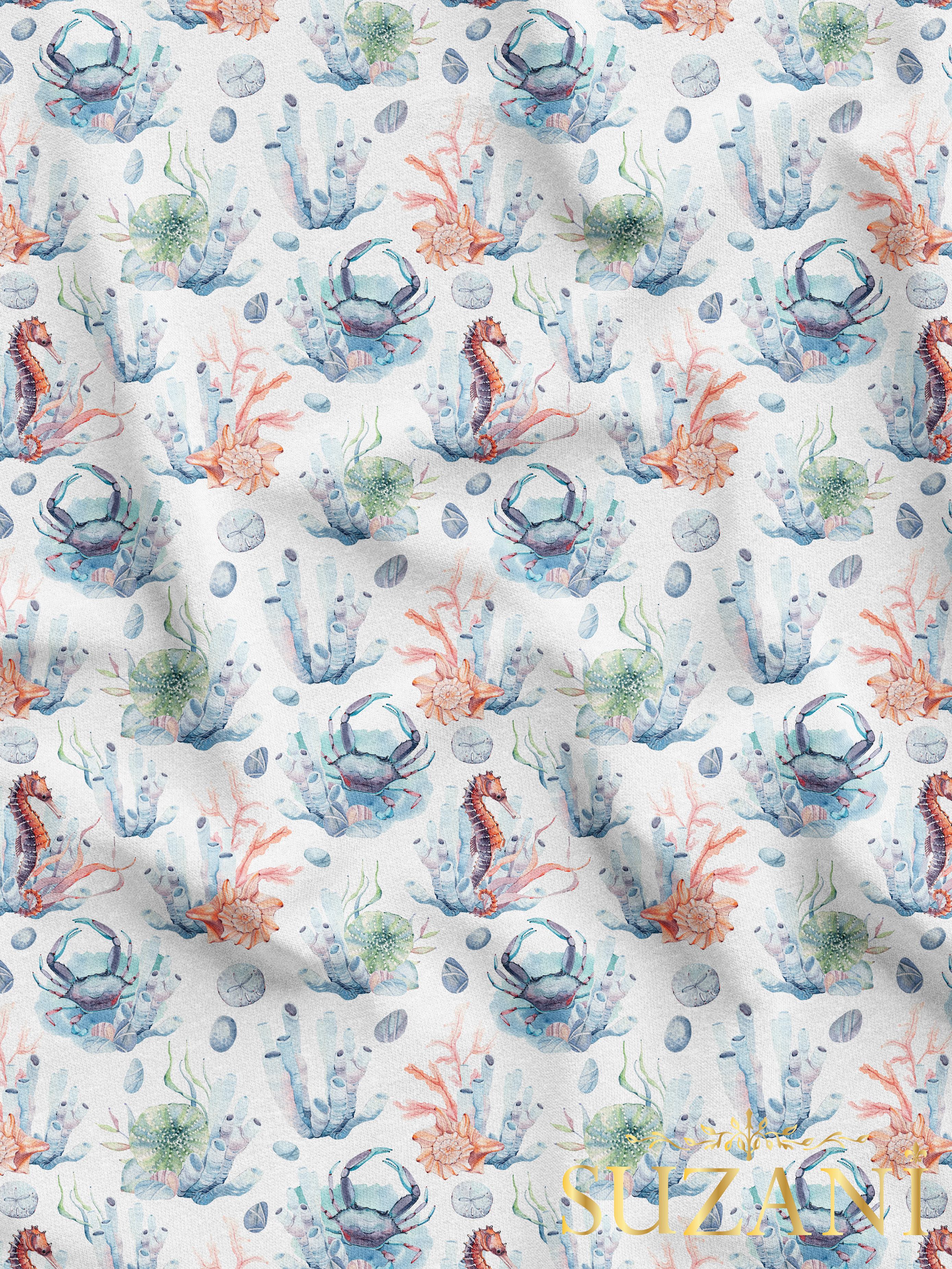 Su Altı Canlıları Desenli Dijital Baskılı Kumaş