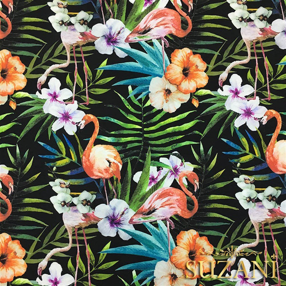 Suluboya Efektli Flamingolu Çiçekli Kumaş