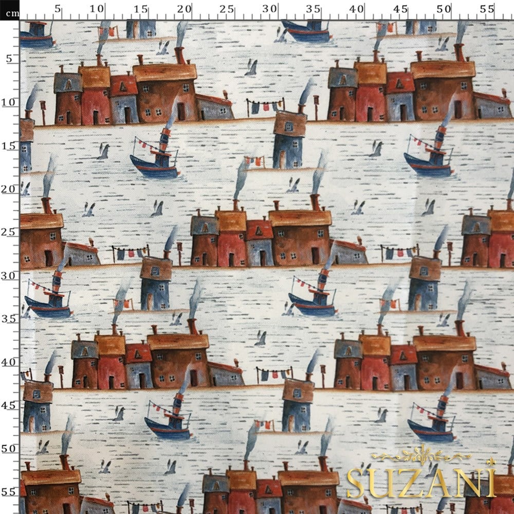 Suluboya Ev Desenli Dijital Baskılı Kumaş