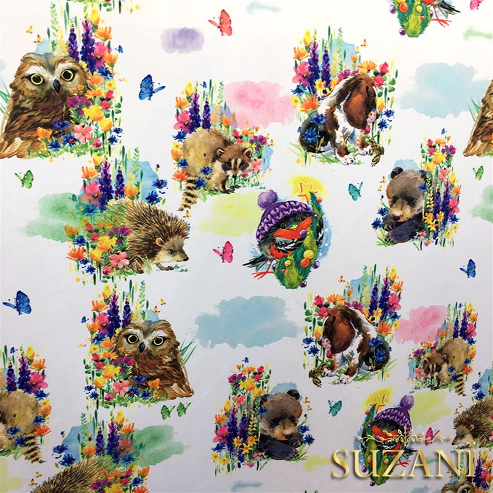 Suluboya Sevimli Hayvanlar Desenli Kumaş