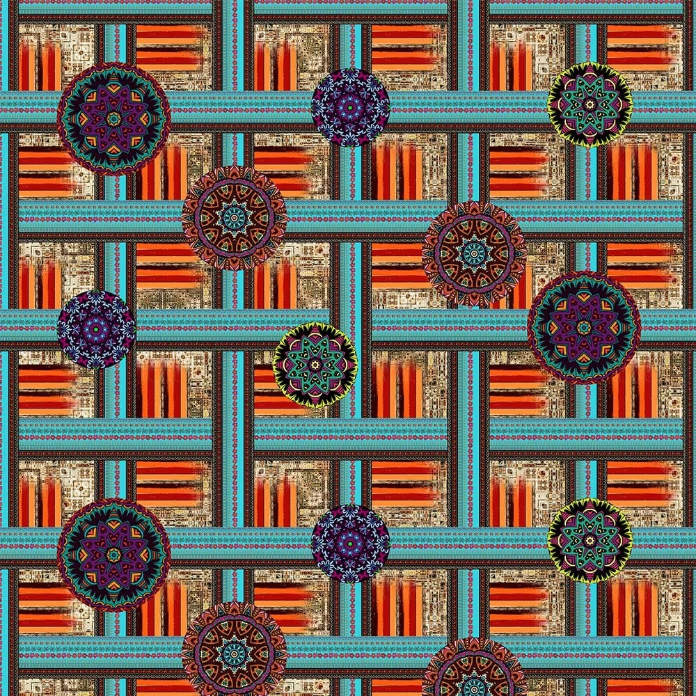 Turkuaz Kahve Mandala Desenli Kumaş