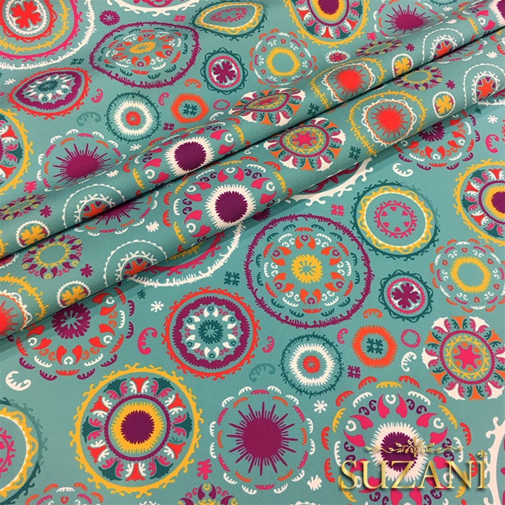 Turkuaz Zemin Suzani Desenli Kumaş