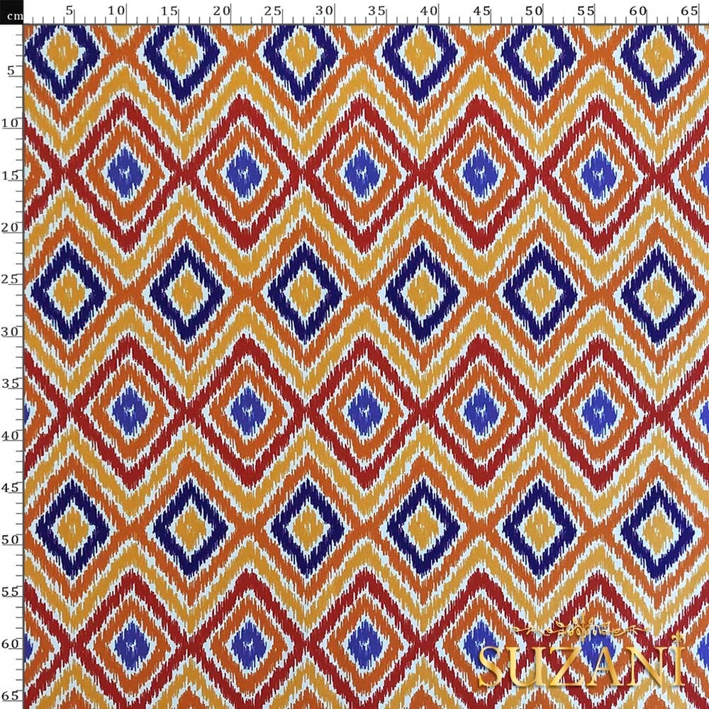 Turuncu Lacivert İkat Desenli Dijital Baskılı Kumaş