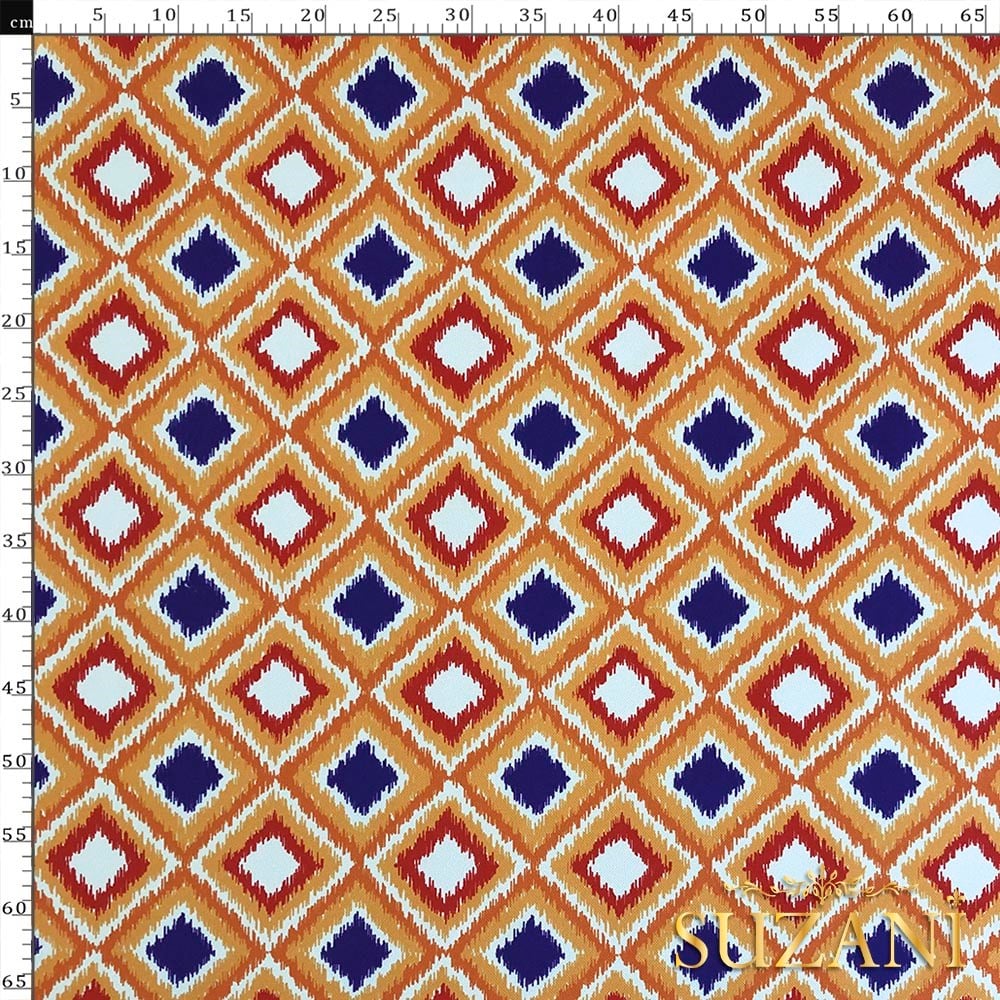 Turuncu Lacivert İkat Desenli Dijital Baskılı Kumaş