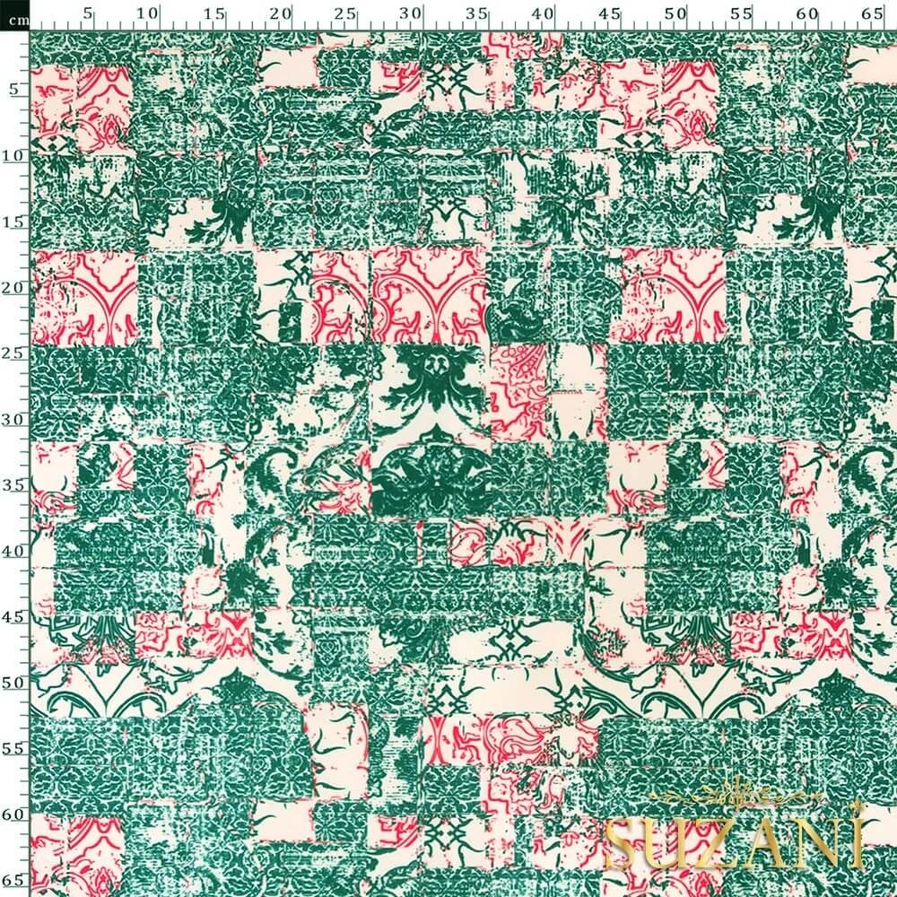 Yeşil Modern Patchwork Desenli Dijital Baskılı Kumaş
