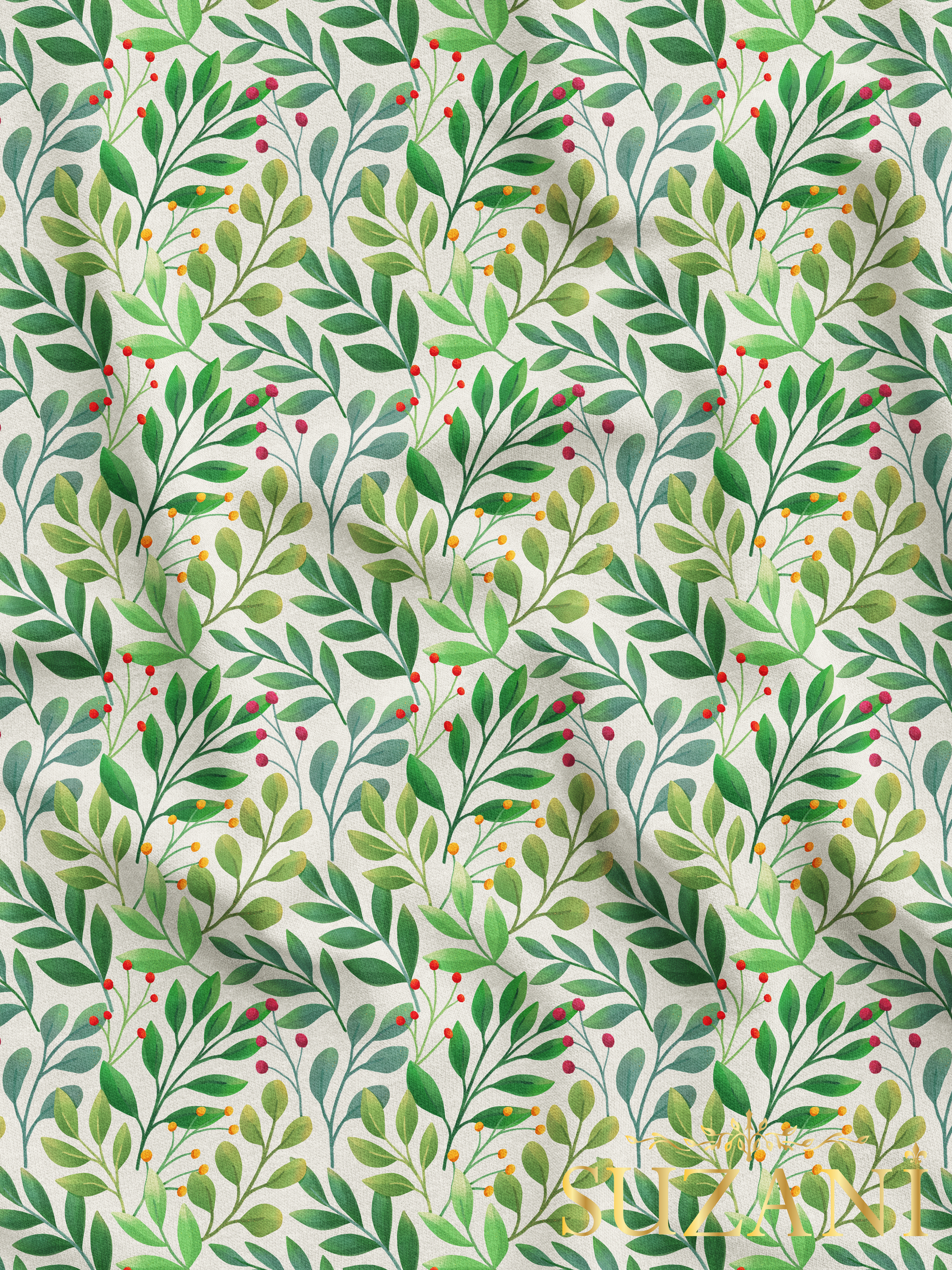 Yeşil Yaprak Desenli Dijital Baskılı Kumaş