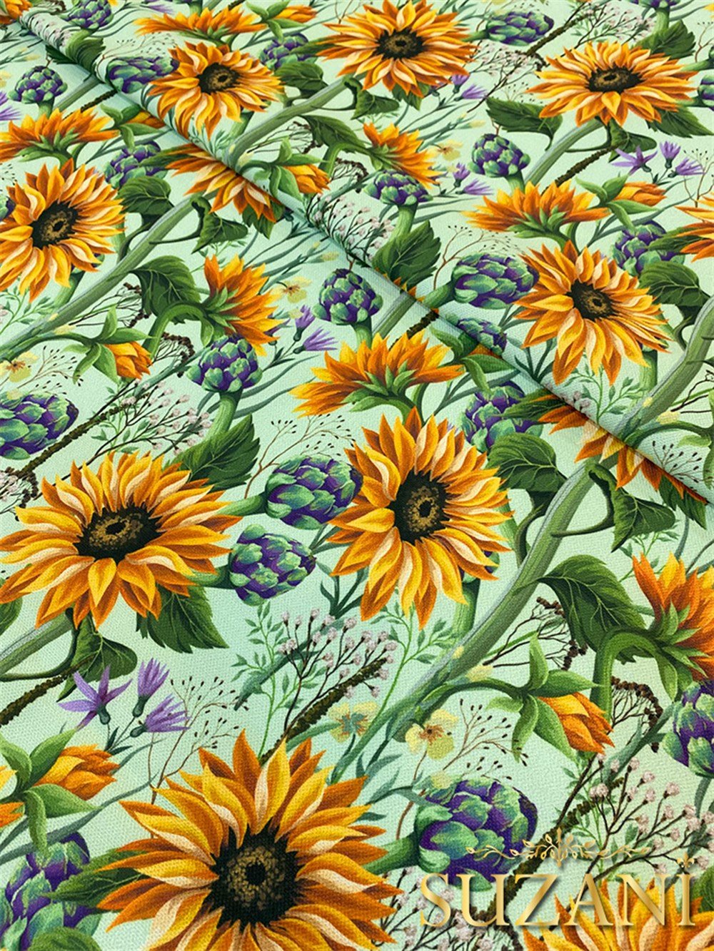 Yeşil Zemin Ayçiçeği Desenli Dijital Baskılı Kumaş