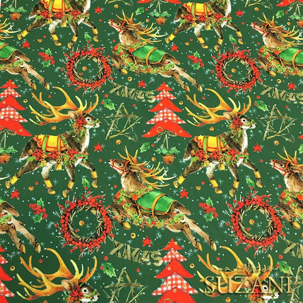 Yeşil Zemin Geyikli Yılbaşı Desenli Kumaş