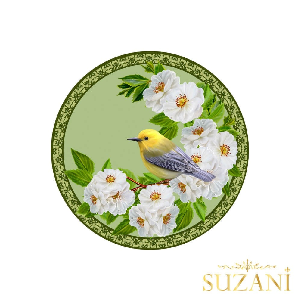 Yeşil Zemin Kuş Desenli Supla Kumaşı