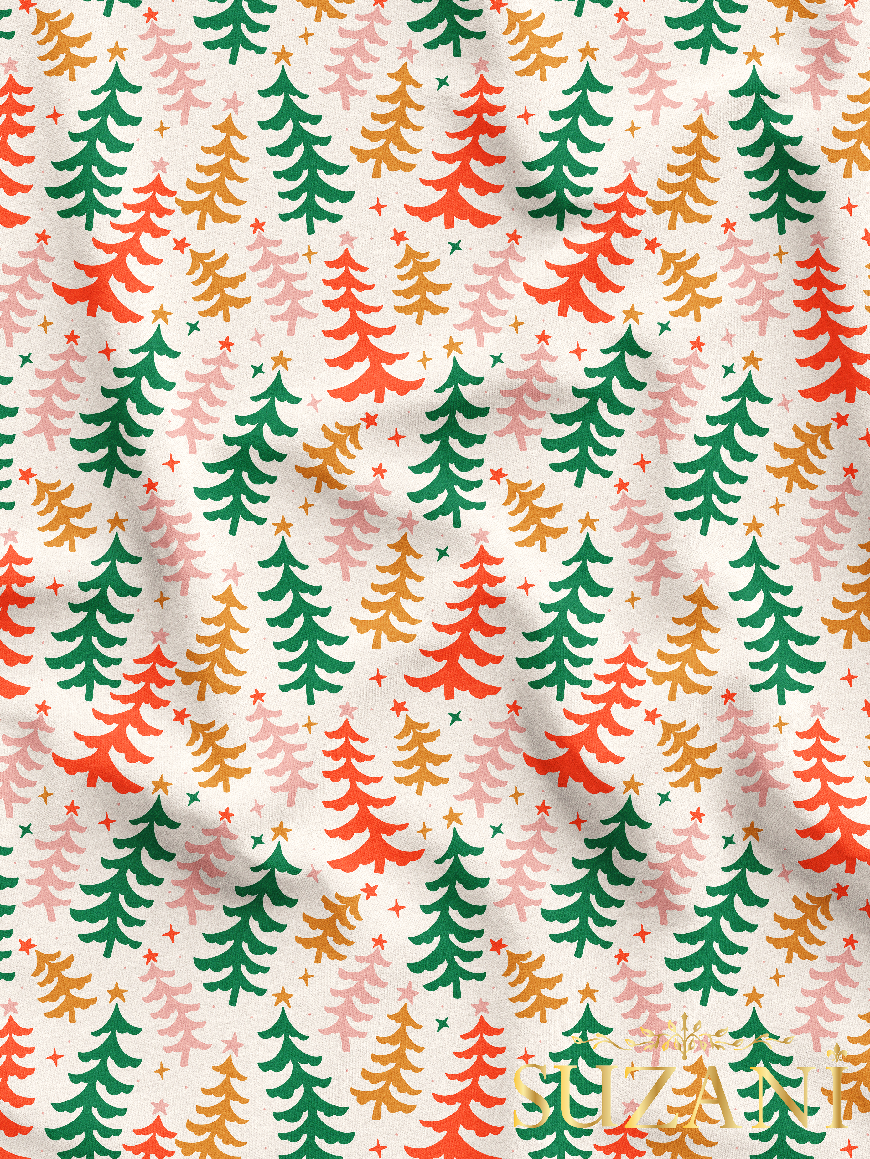 Yılbaşı Çam Ağaçları Desenli Dijital Baskılı Kumaş