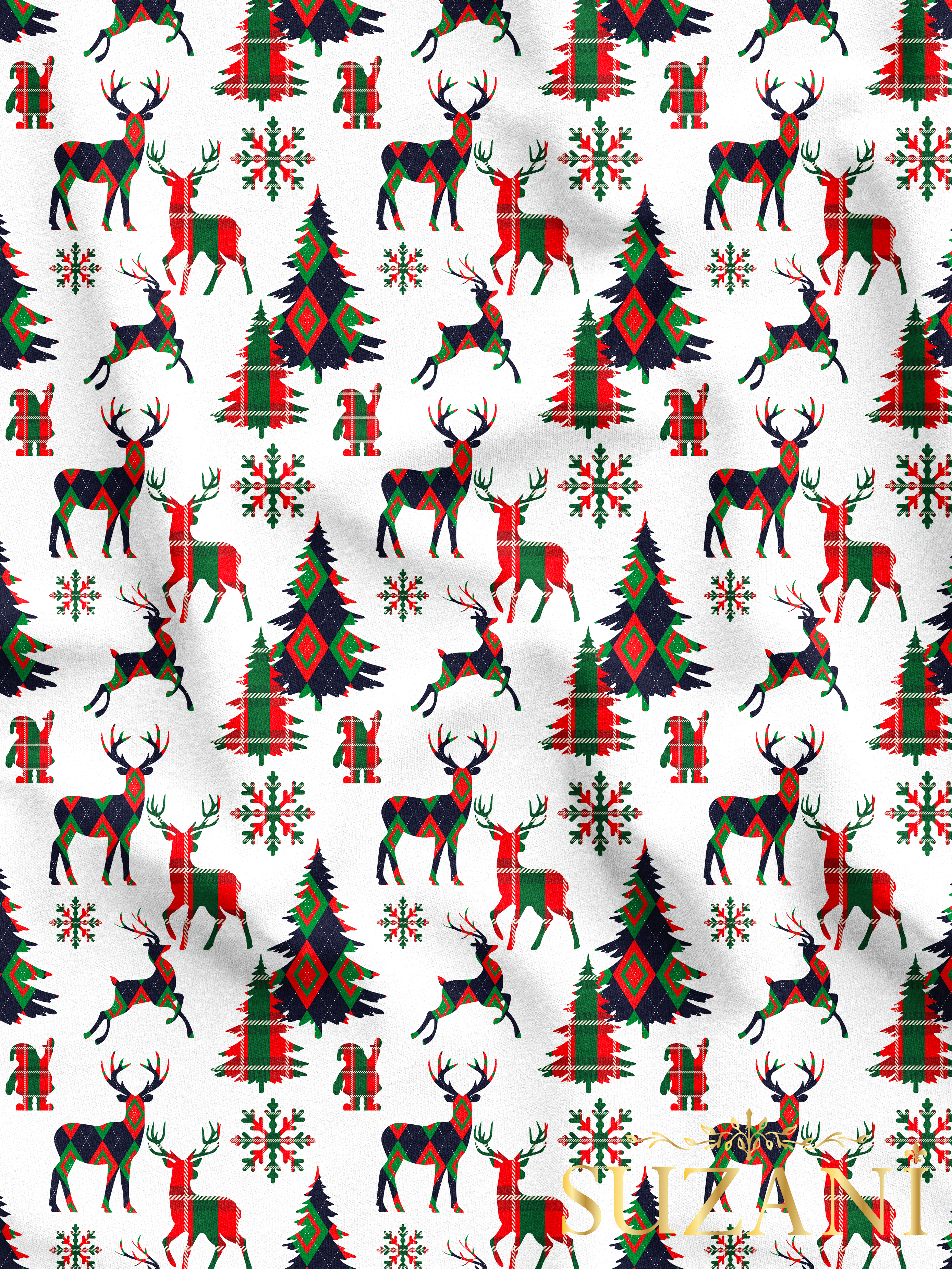 Yılbaşı Ekose Geyik Desenli Dijital Baskılı Kumaş