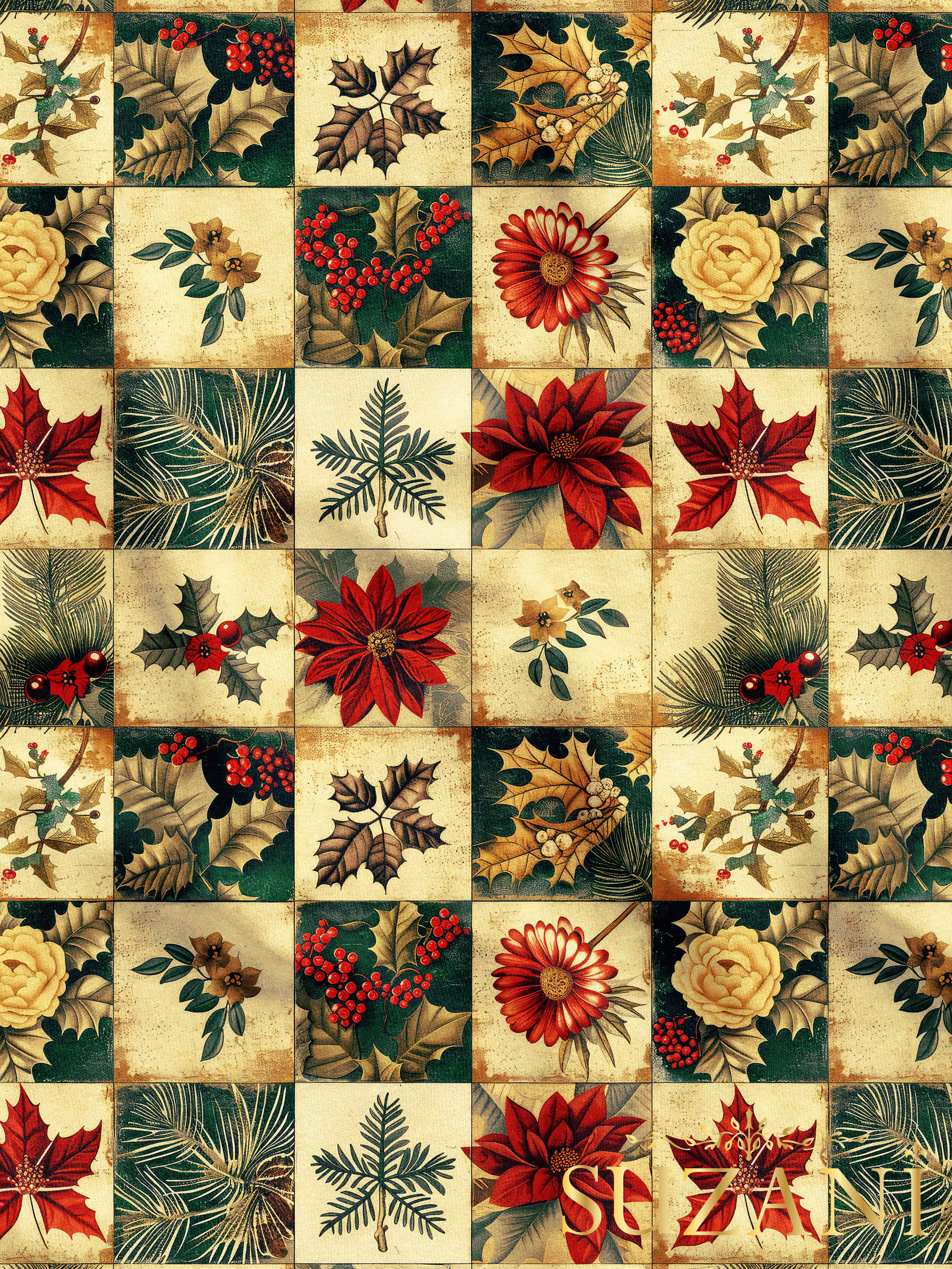 Yılbaşı Kırmızı Çiçek Patchwork Desenli Dijital Baskılı Kumaş