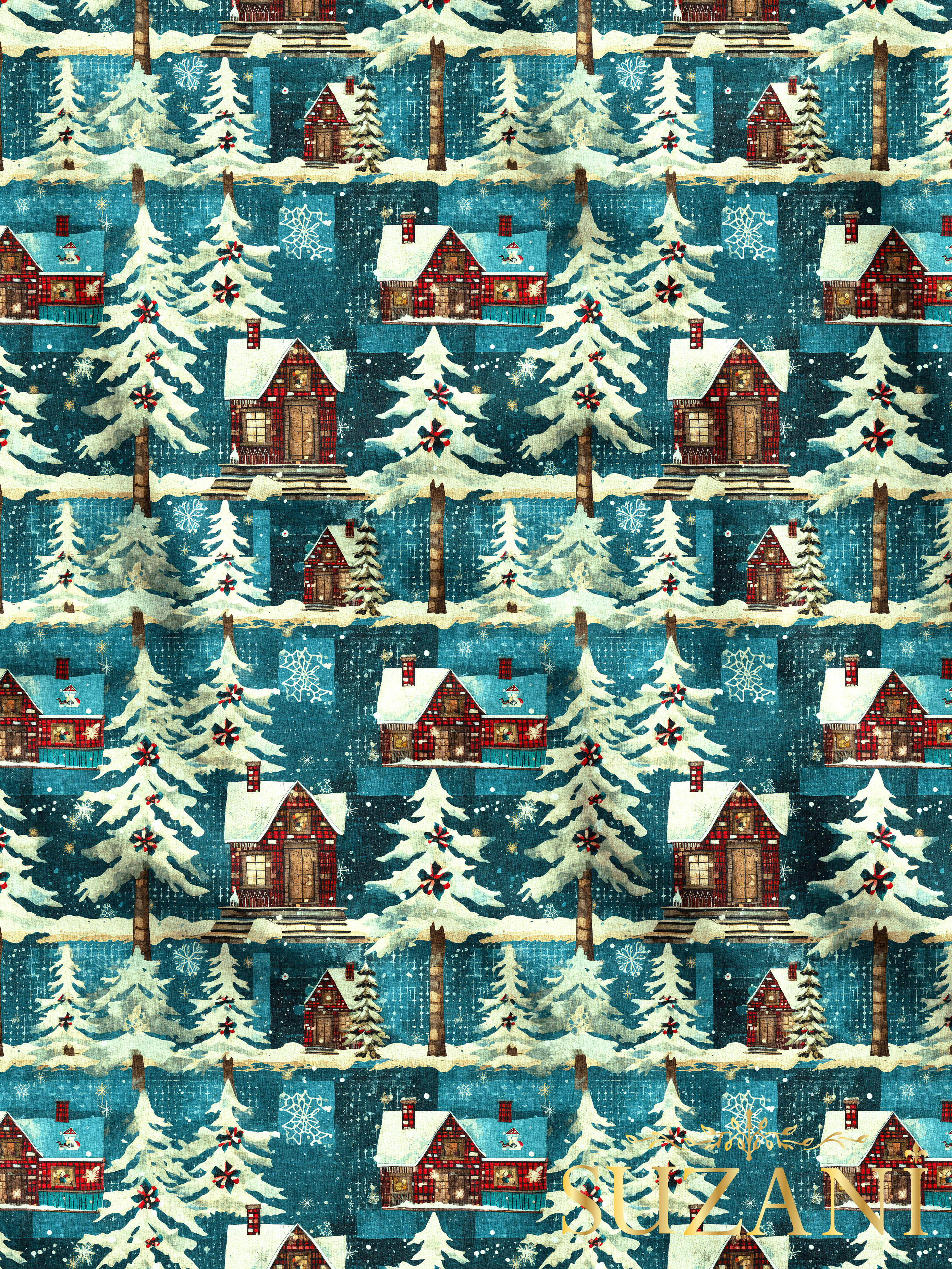 Yılbaşı Noel Kır Evleri Desenli Dijital Baskılı Kumaş