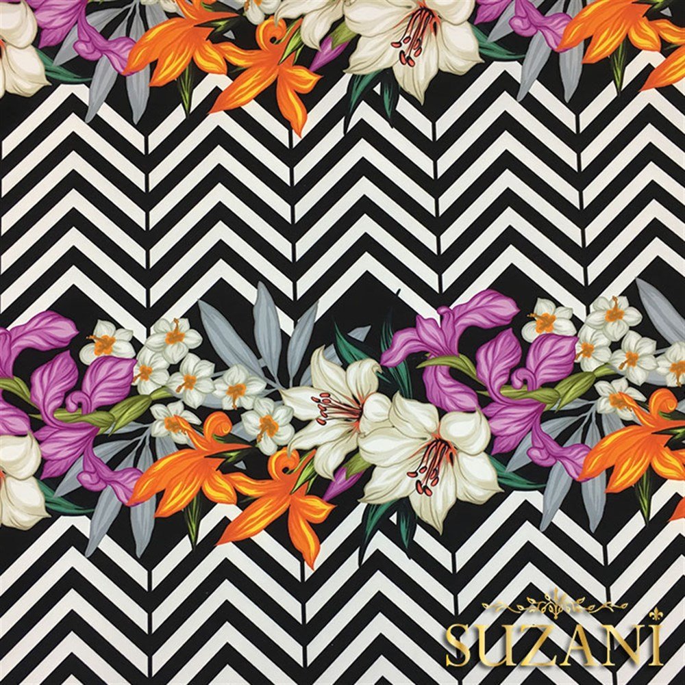 Zigzag Üzeri Turuncu Mor Çiçekli Tropikal Kumaş