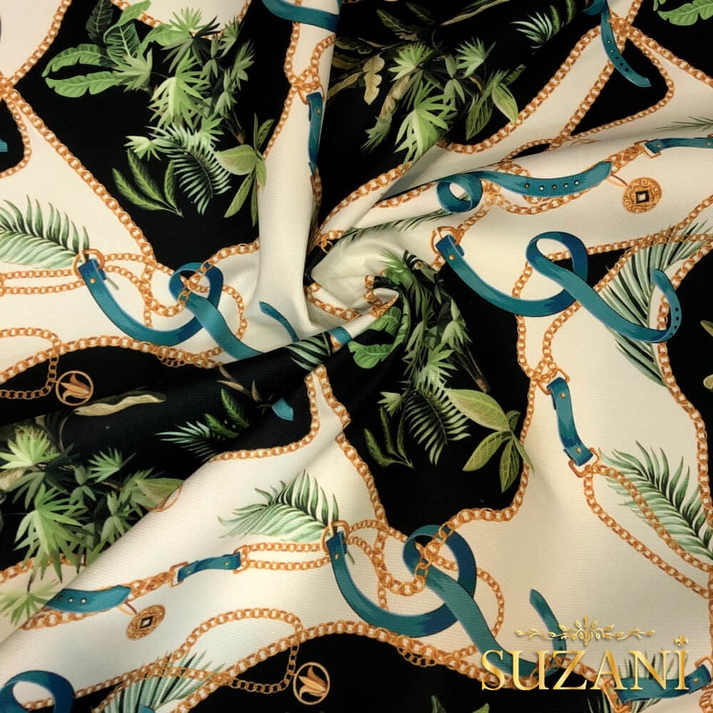 Zincir Tropikal Yaprak Desenli Dijital Baskılı Kumaş