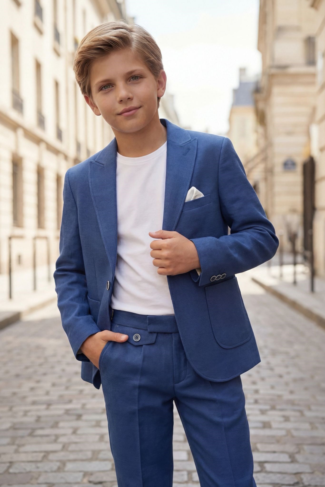 Erkek Çocuk indigo Keten Krep Takım Elbise  Blazer Ceket Pantolon Pamuklu Tişörtlü Şık Kombin 8-14 Yaş