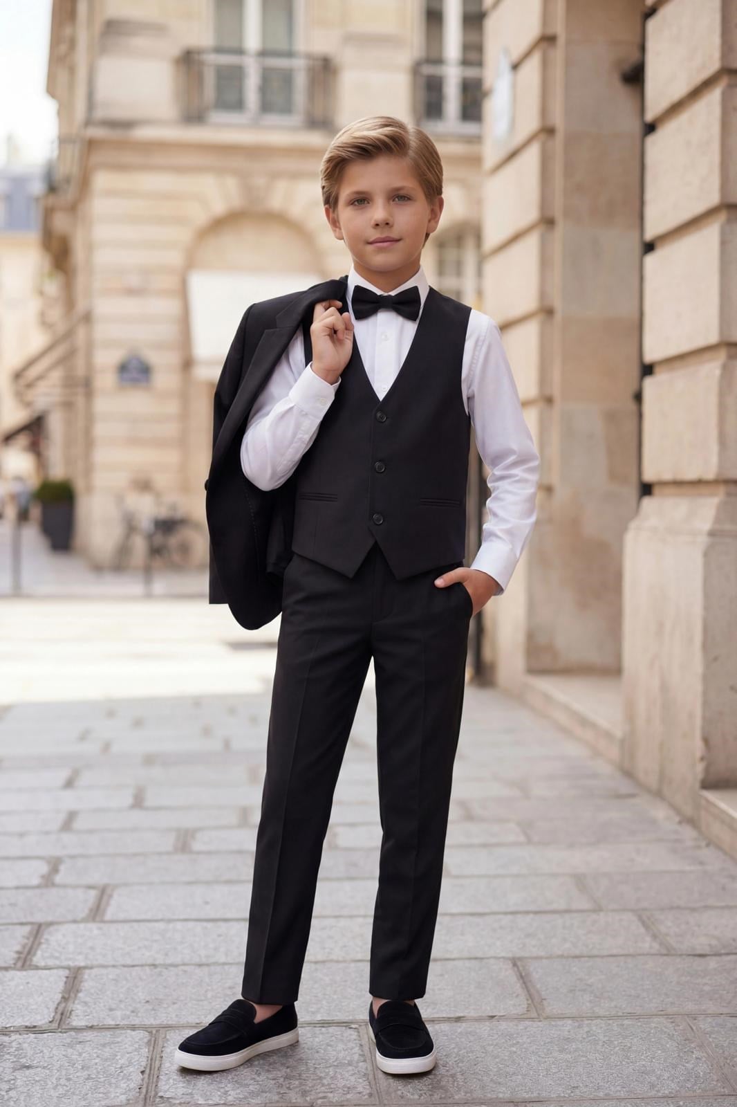 Erkek Çocuk Takım Elbise Siyah Ceket-Yelek-Gömlek-Pantolon -Papyon Takım Elbise 3-14 Yaş  