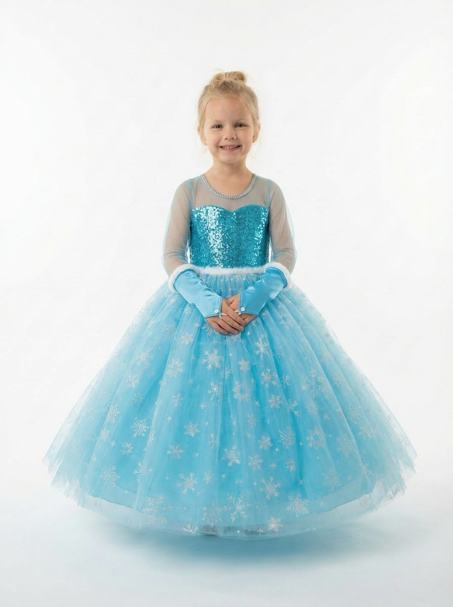 Frozen Elsa Kostümü Uzun Kollu Kız Çocuk Prenses Elbisesi Taç+Asa+Saç+Eldiven+Rozet Hediyeli