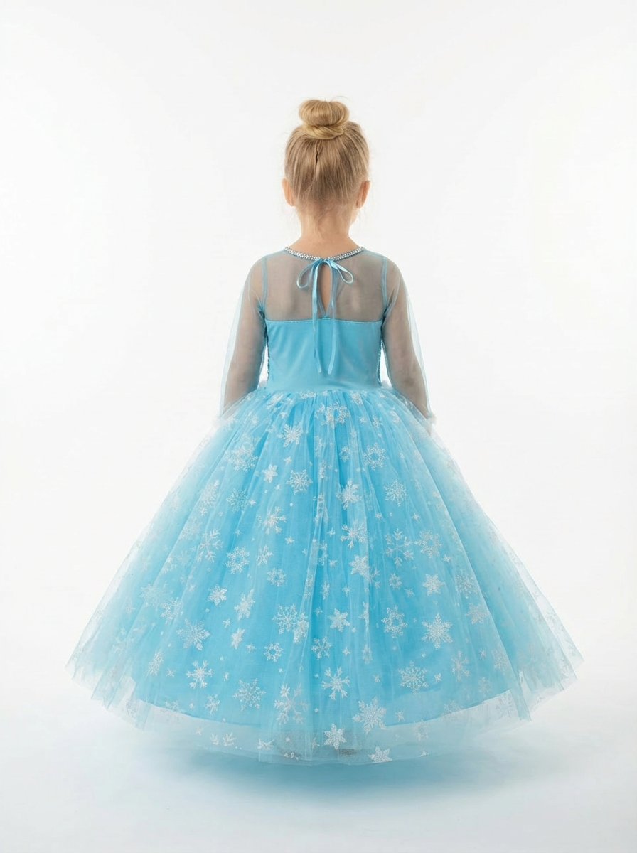 Frozen Elsa Kostümü Uzun Kollu Kız Çocuk Prenses Elbisesi Taç+Asa+Saç+Eldiven+Rozet Hediyeli