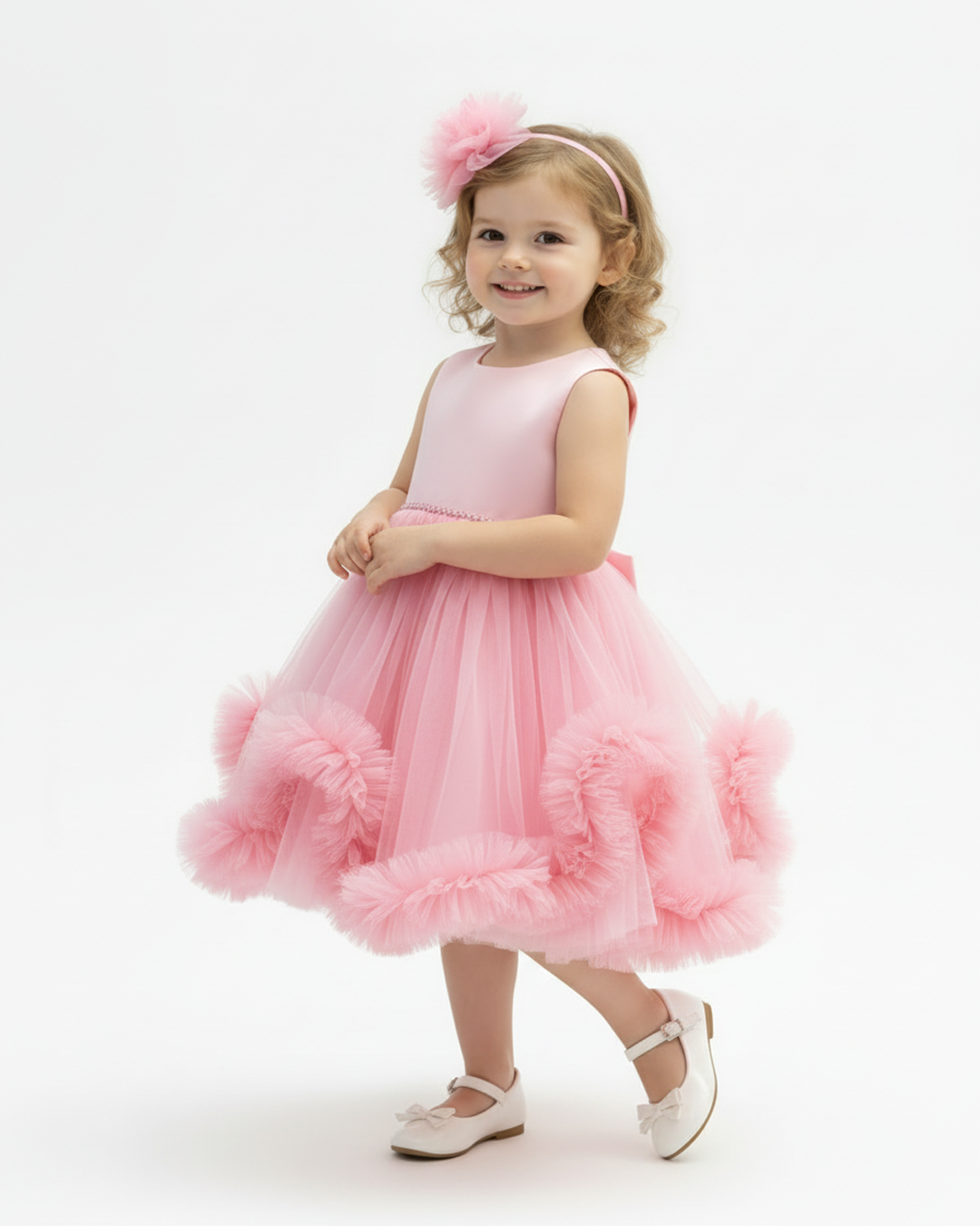 Kız Çocuk Tüllü Pembe Abiye Elbise Volanlı Etek Prenses Model Abiye Elbise 1-5 Yaş