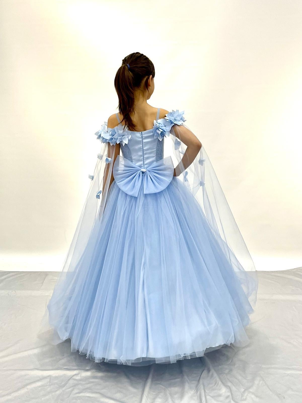 Kız Çocuk Abiye Mavi Kolları Çiçekli Kasnaklı Çocuk Gelinlik 2-11 Yaş