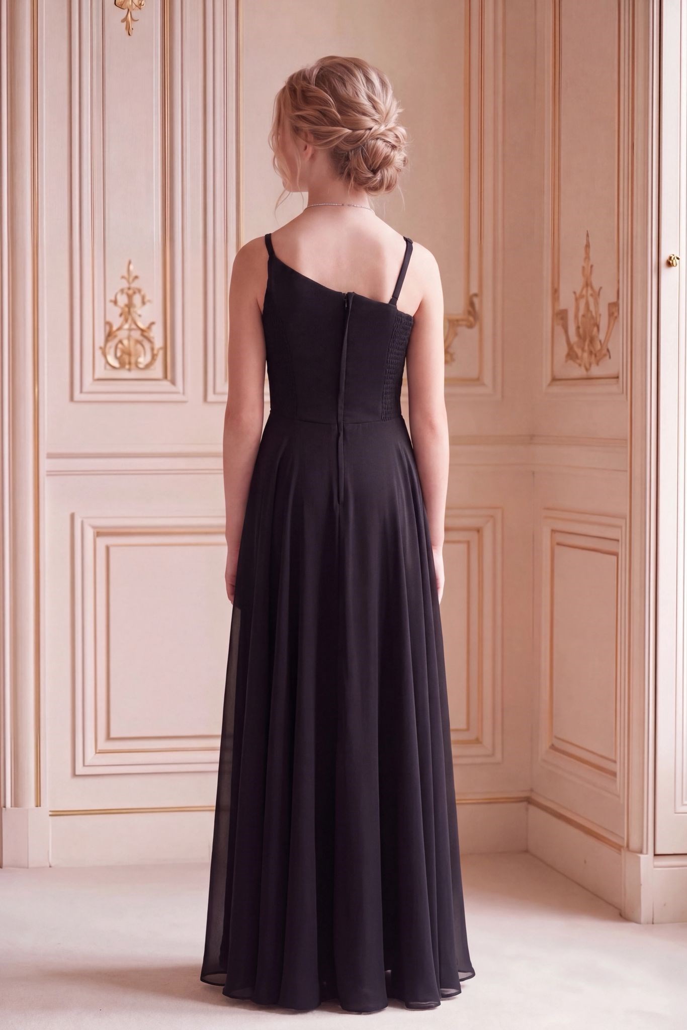Kız Çocuk Abiye Askılı Siyah  Şifon Drape ve Taş Detaylı  Abiye Elbise 10-15 Yaş