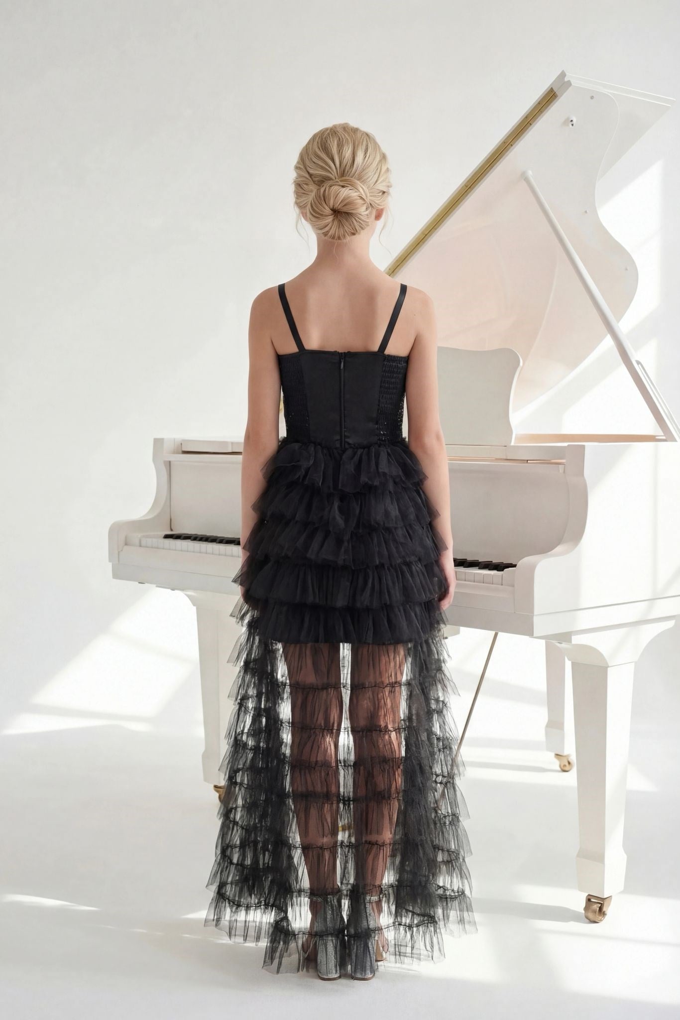 Kız Çocuk Abiye Siyah Kısa Payetli Mini  Etekleri Kat Kat Abiye Elbise 8-16 Yaş