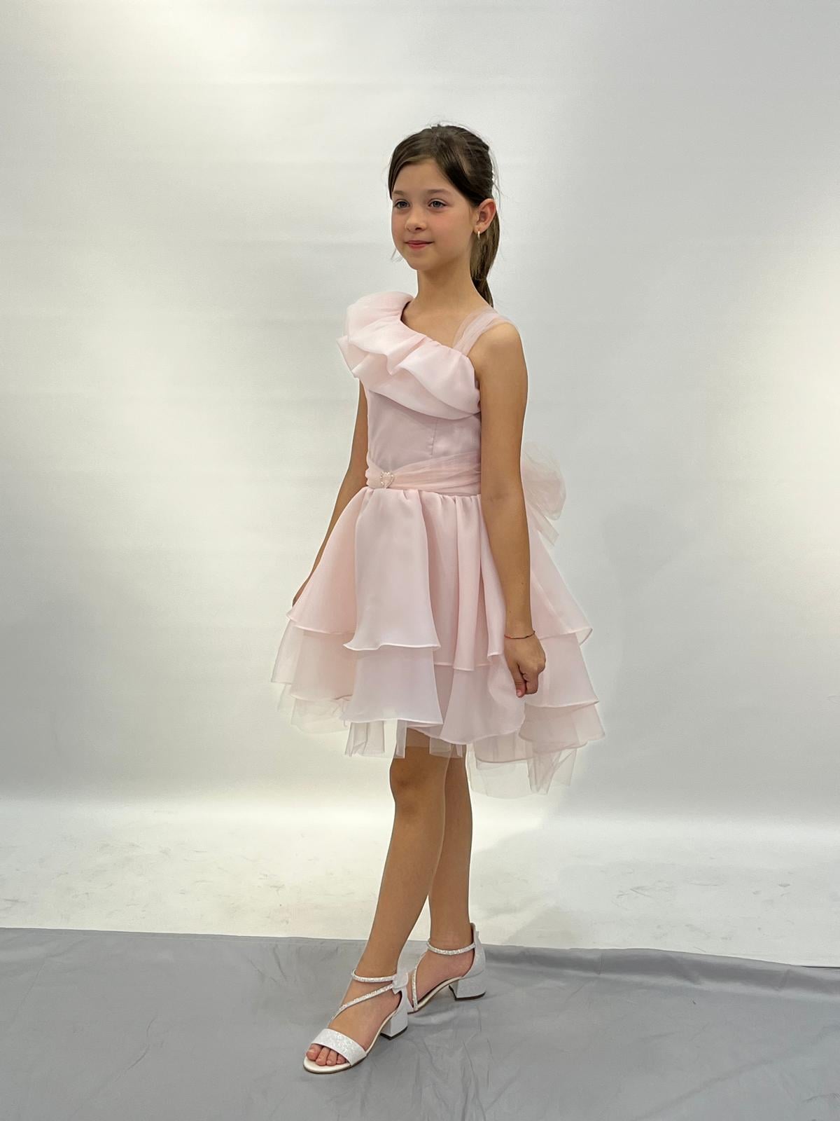 Kız Çocuk Abiye Pudra Kalp Tokalı Tek Omuz Detaylı Abiye Elbise 6-10 Yaş