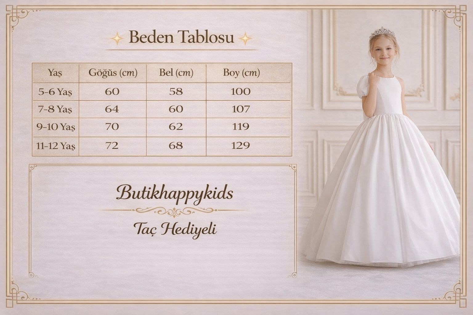  Kız Çocuk Abiye Beyaz Prenses Abiye Elbise Kabarık Kasnaklı Taç Hediyeli 5-12 Yaş 