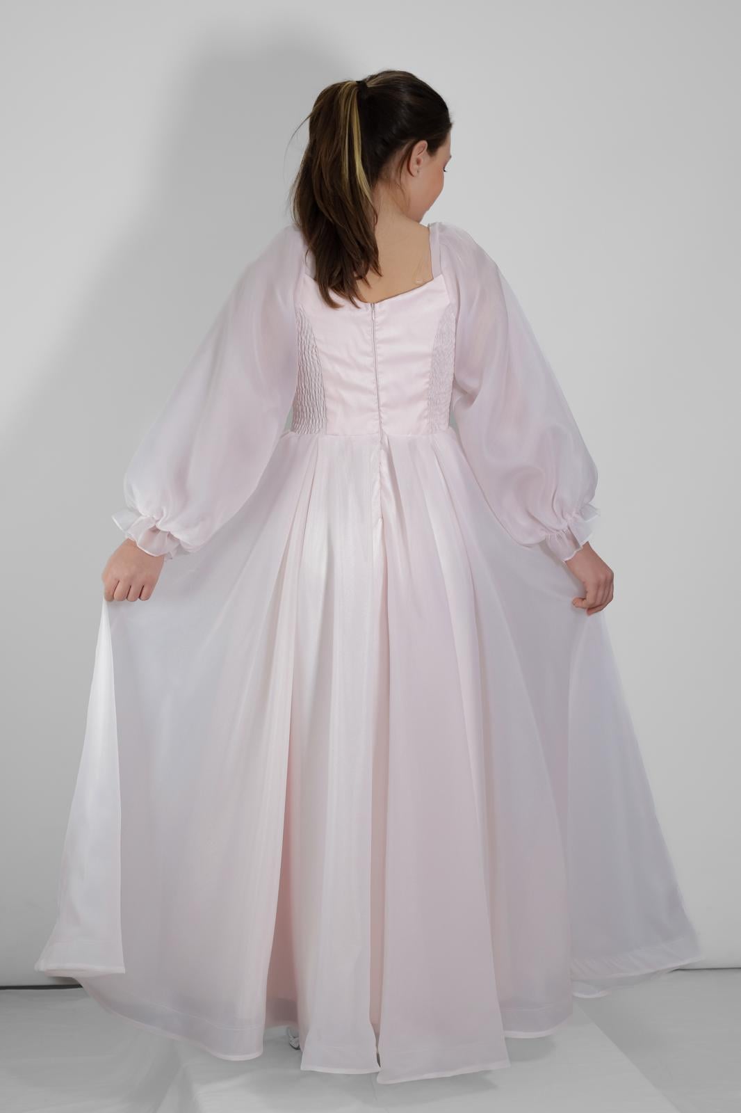 Kız Çocuk Abiye Şifon Uzun Kollu  Pudra Drape Yakalı Abiye Elbise 10-14 Yaş