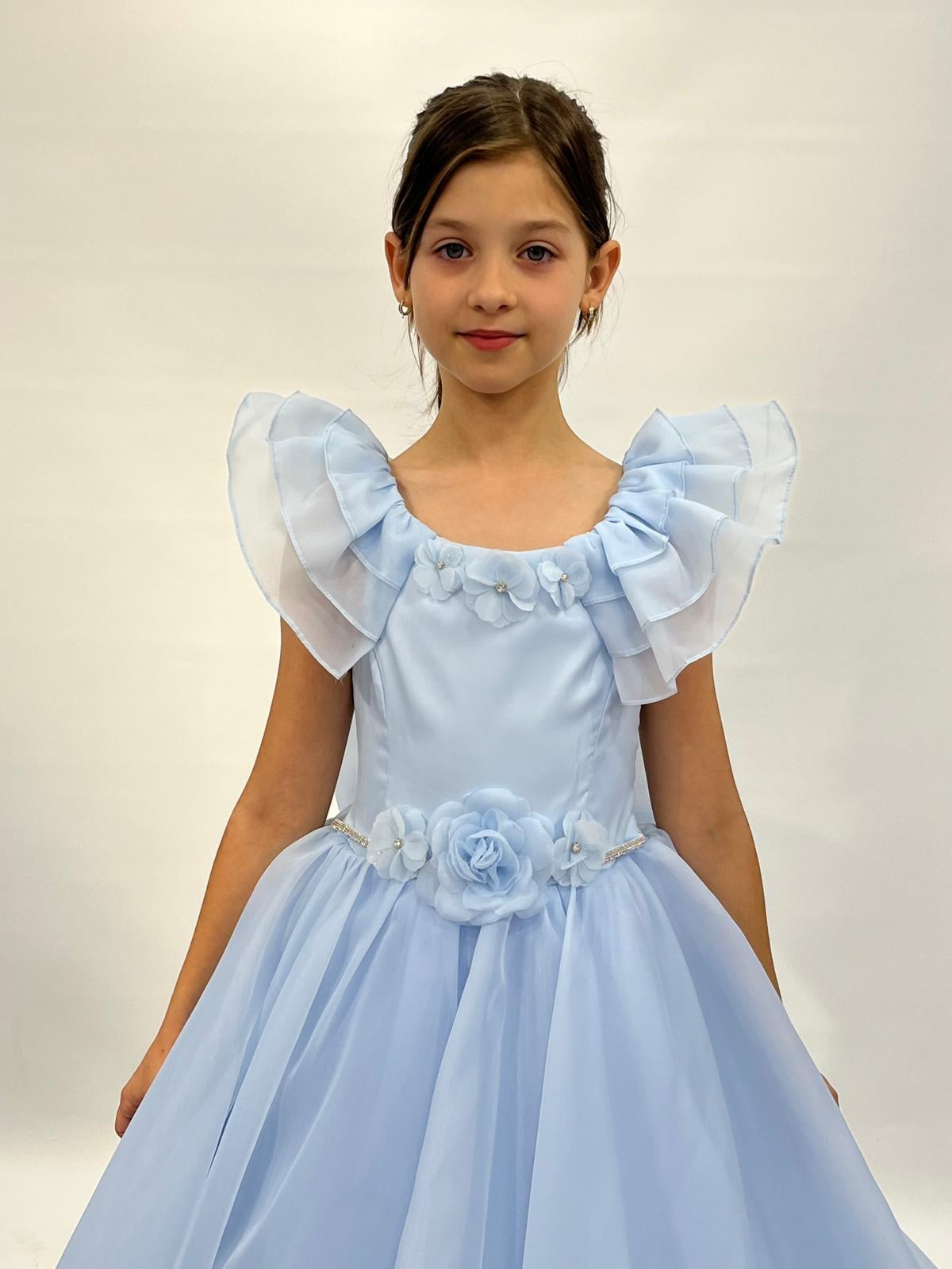 Kız Çocuk Abiye Mavi Kolları Fırfırlı Kasnaklı Gelinlik 2-11 Yaş