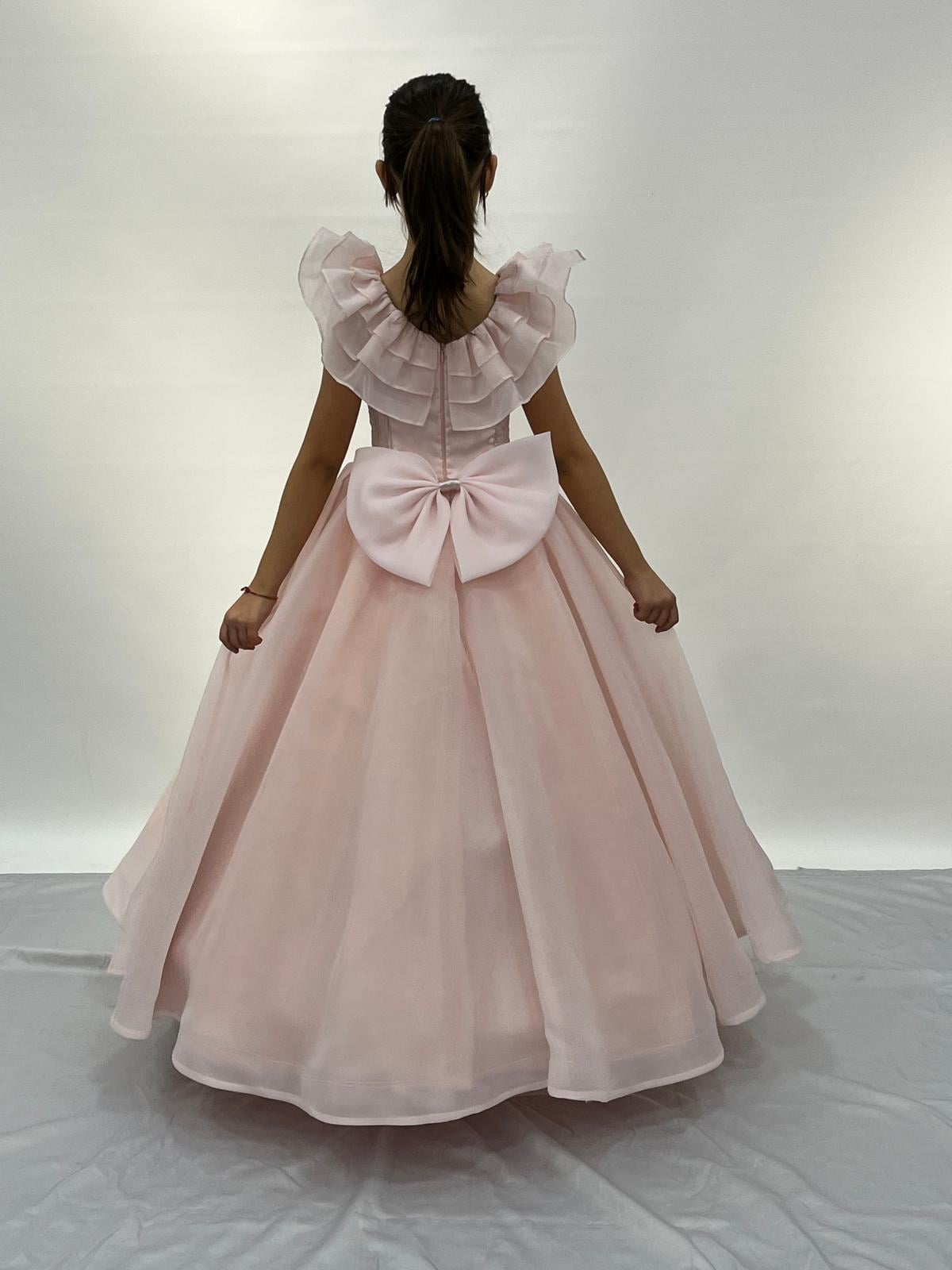 Kız Çocuk Abiye Pudra Kolları Fırfırlı Kasnaklı Gelinlik 2-11 Yaş