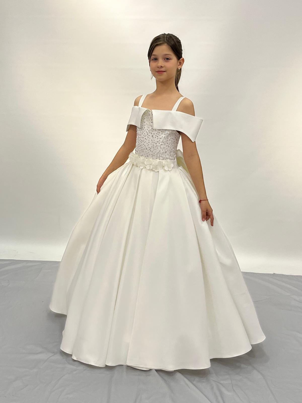 Kız Çocuk Abiye Krem Askılı Çiçekli Parlak Gelinlik 2-11 Yaş
