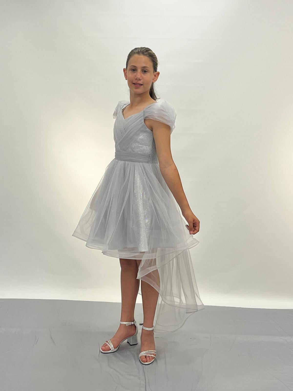 Kız Çocuk Abiye Gri Askılı Düşük Kollu Kuyruklu Abiye Elbise 10-14 Yaş