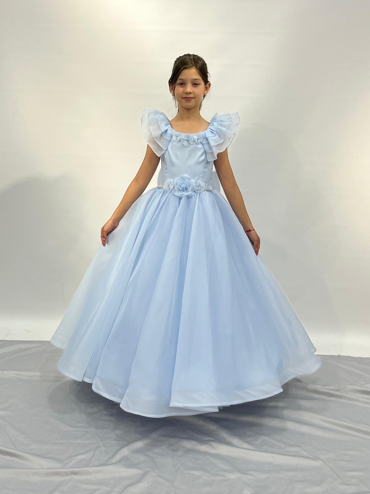 Kız Çocuk Abiye Mavi Kolları Fırfırlı Kasnaklı Gelinlik 2-11 Yaş