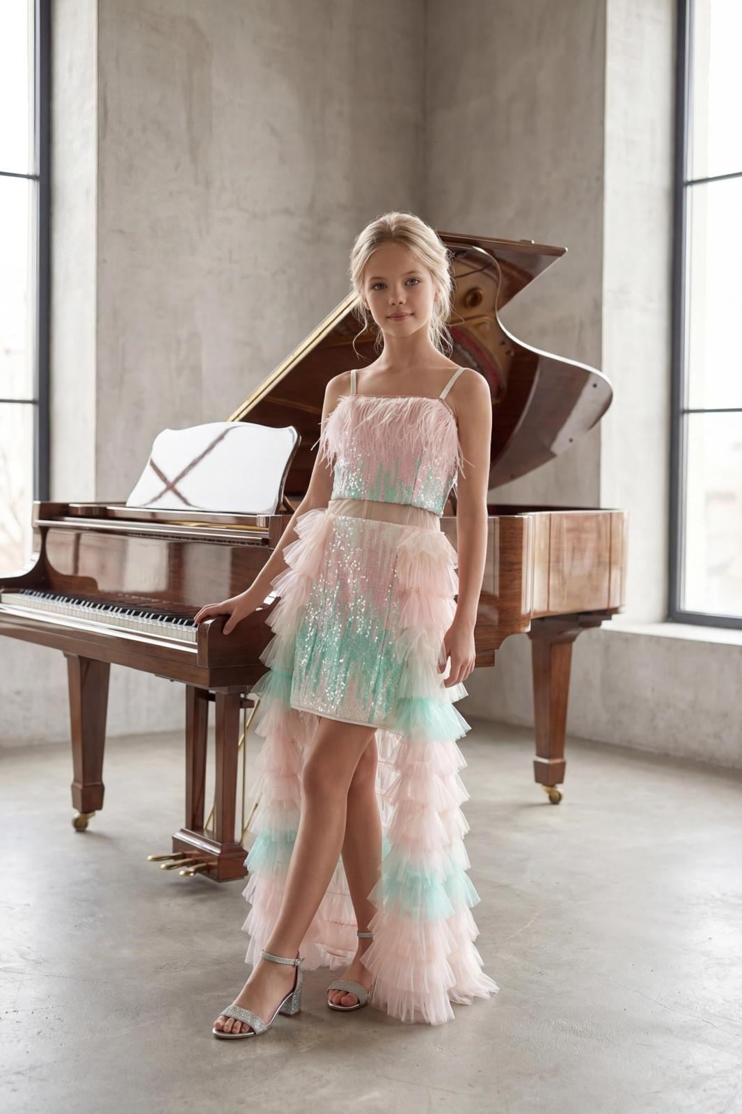 Kız Çocuk Kısa Payetli Elbise Etekleri Kat Kat Renkli 8-16 Yaş