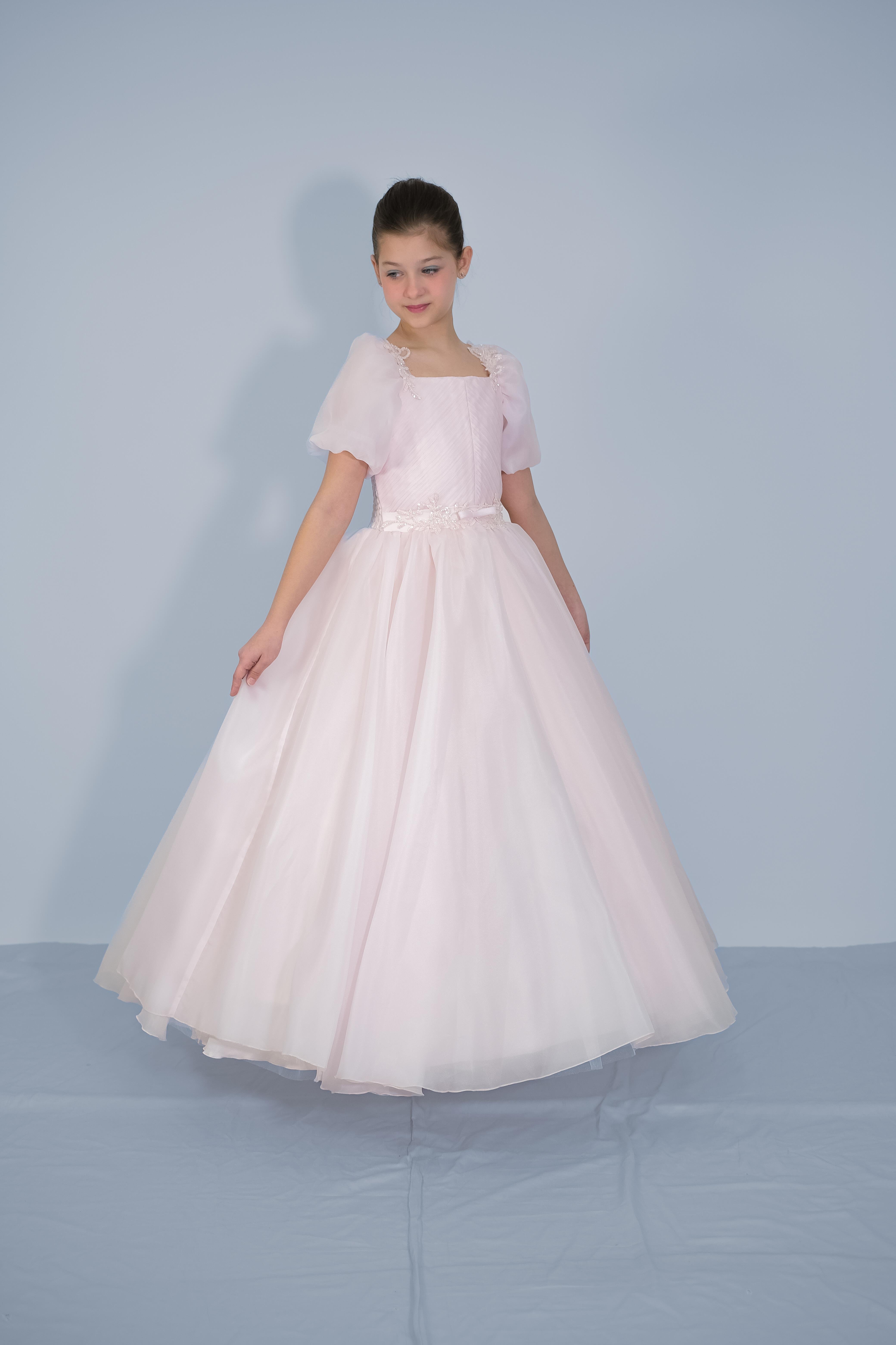Kız Çocuk Abiye Pudra Balon Kollu Omuz ve Bel Boncuk Taş İşlemeli  Şifon Gelinlik 2-11 Yaş