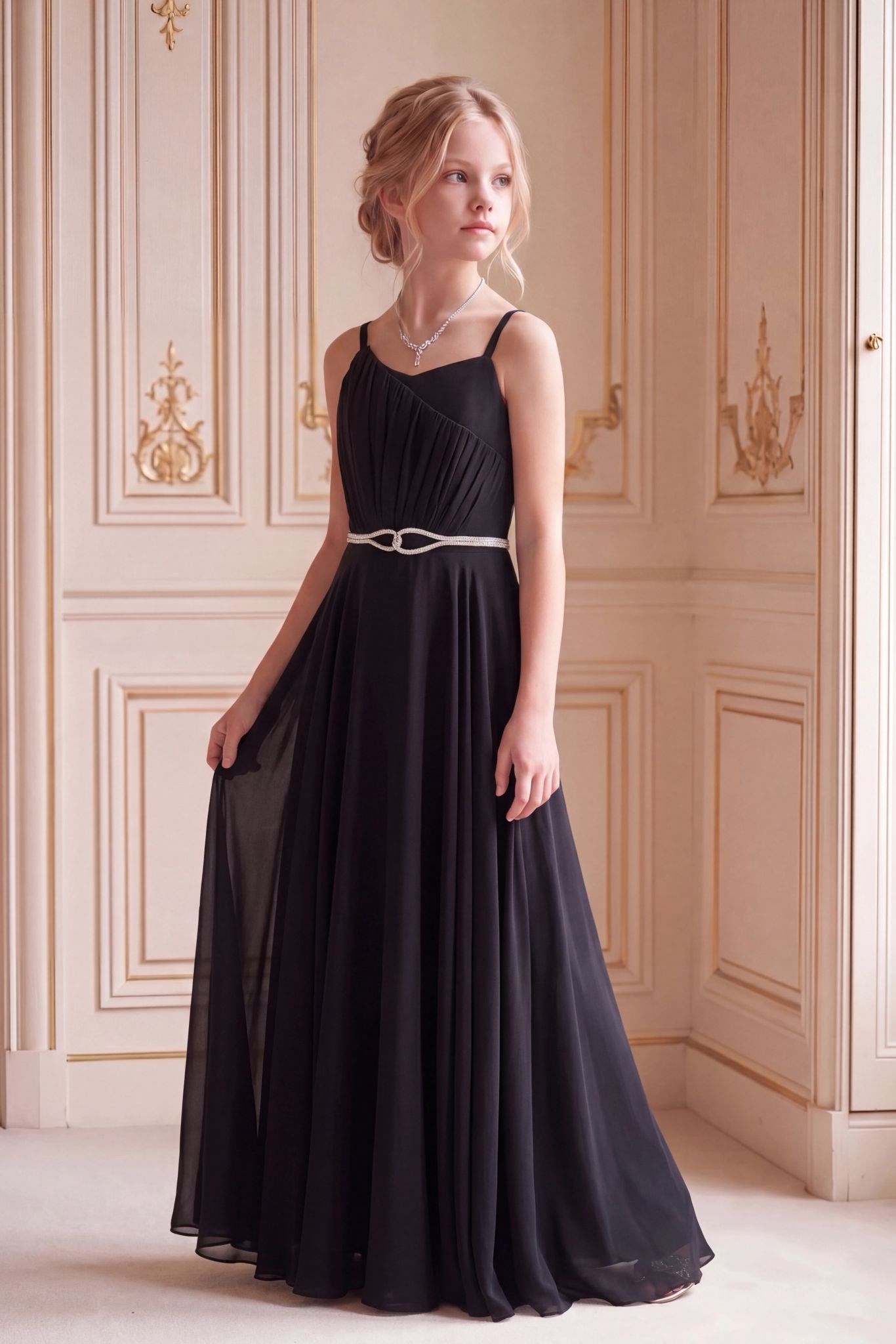 Kız Çocuk Abiye Askılı Siyah  Şifon Drape ve Taş Detaylı  Abiye Elbise 10-15 Yaş