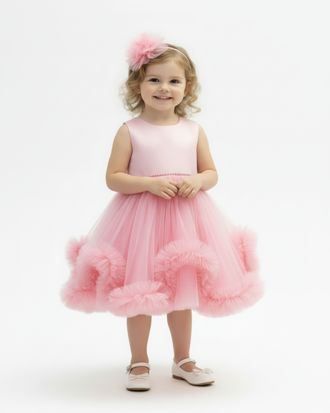 Kız Çocuk Tüllü Pembe Abiye Elbise Volanlı Etek Prenses Model Abiye Elbise 1-5 Yaş