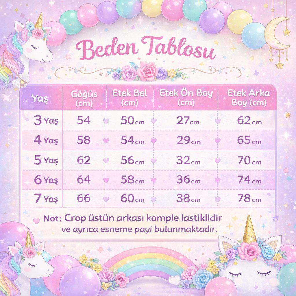 Kız Çocuk Unicorn Temalı Payetli Crop Kuyruklu Tütü Etek İkili Takım 3-7 Yaş