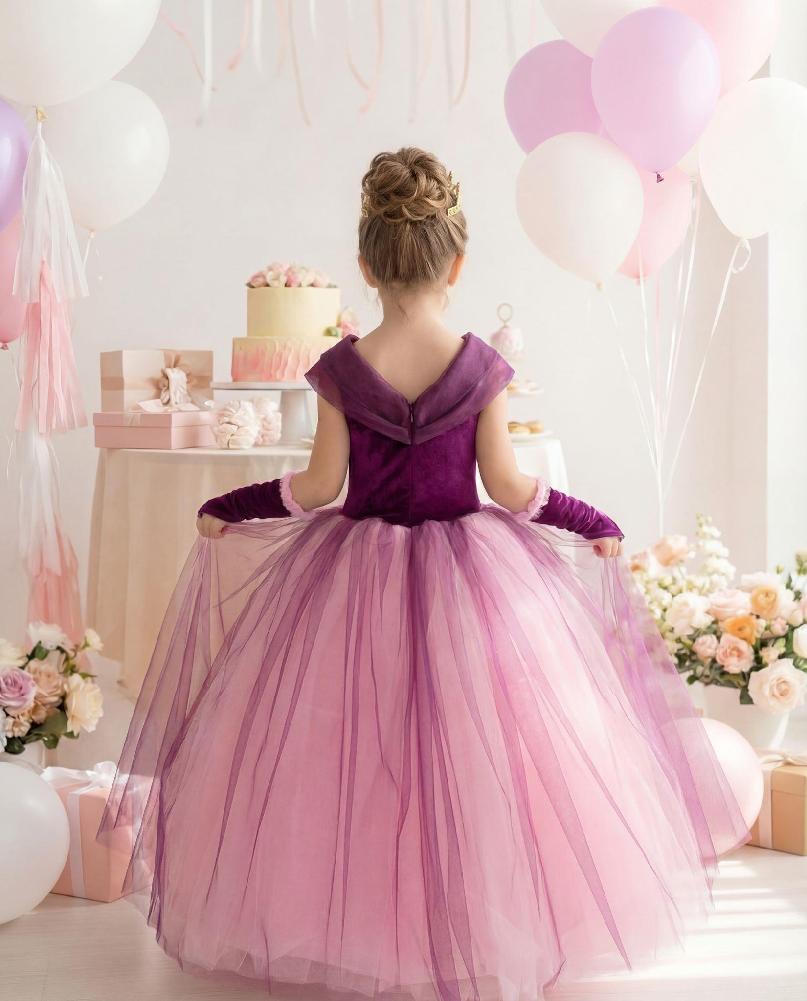 Kız Çocuk Kostüm Rapunzel Mor Düşük Omuz Detaylı Kasnaklı Kabarık Prenses Elbise 3-8 Yaş TAÇ HEDİYELİ