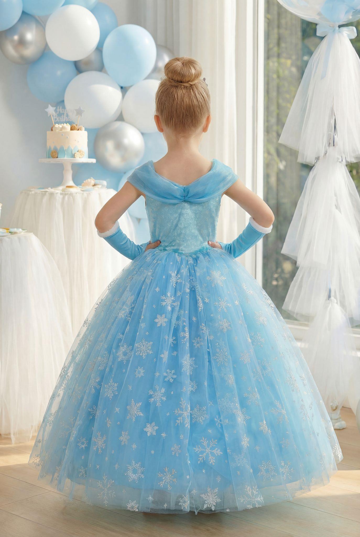 Kız Çocuk Kostüm Mavi Elsa Frozen   Düşük Omuz Detaylı Kasnaklı Kabarık Elsa Kostüm 3-8 Yaş