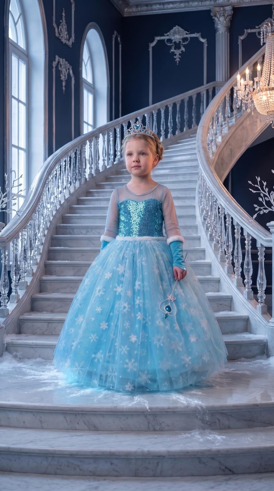 Frozen Elsa Kostümü Uzun Kollu Kız Çocuk Prenses Elbisesi Taç+Asa+Eldiven  Hediyeli
