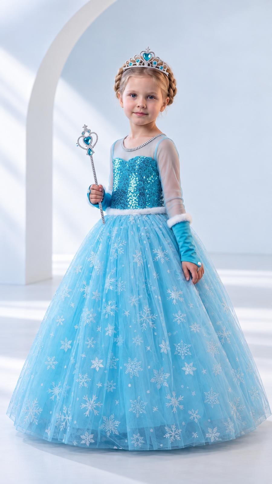 Frozen Elsa Kostümü Uzun Kollu Kız Çocuk Prenses Elbisesi Taç+Asa+Eldiven  Hediyeli