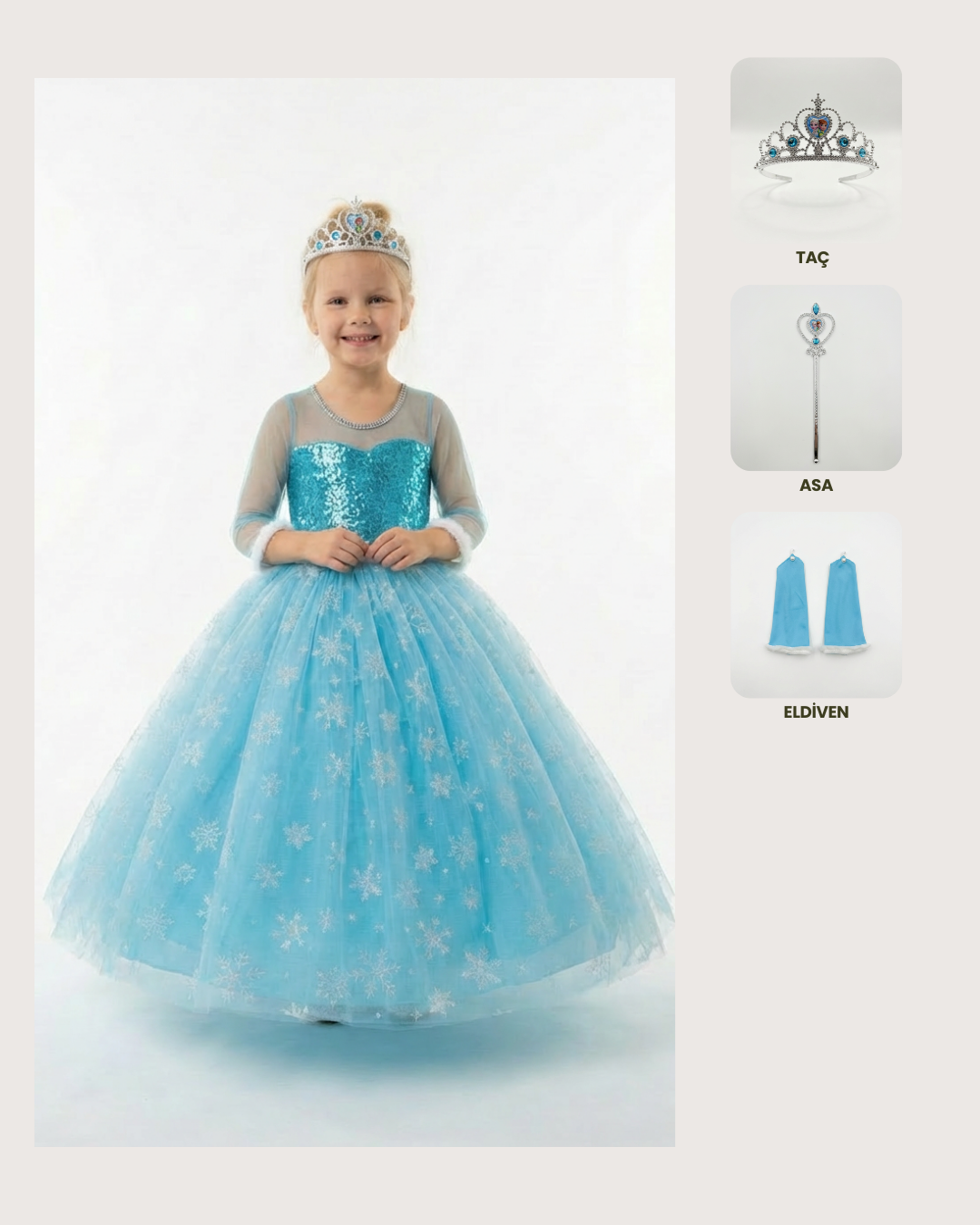 Frozen Elsa Kostümü Uzun Kollu Kız Çocuk Prenses Elbisesi Taç+Asa+Eldiven  Hediyeli